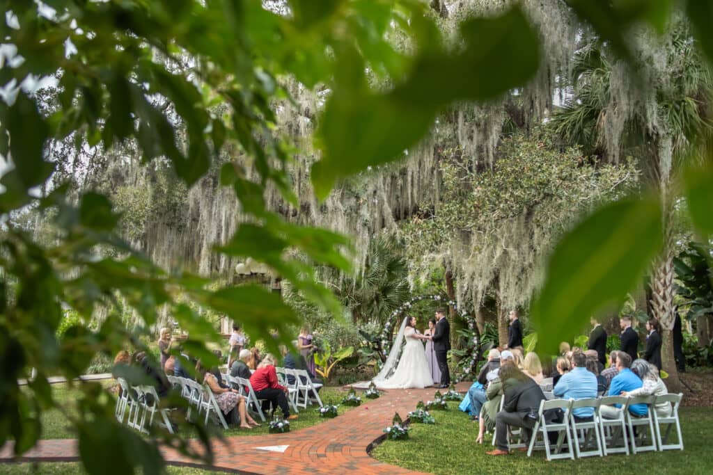 Wedding guests seated for a lakeside ceremony beneath the oak canopy
