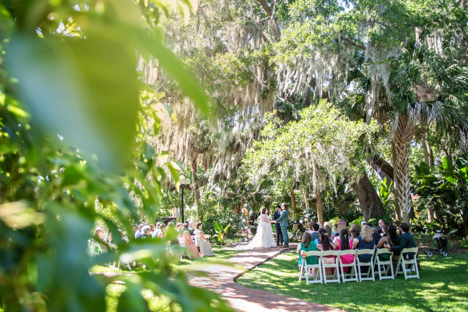 A wedding ceremony seen through lush greenery beneath the estate’s oak trees
